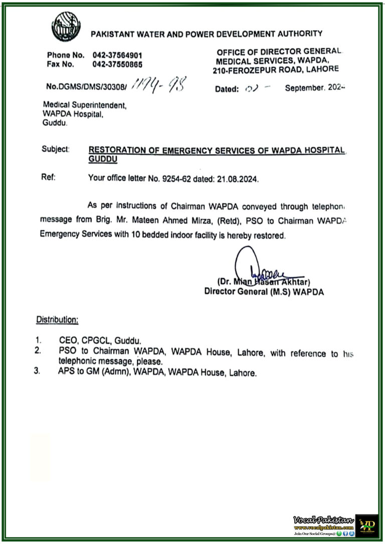 Emergency Services at WAPDA Hospital Guddu Restored: New 10-Bedded Facility Operational-Notification