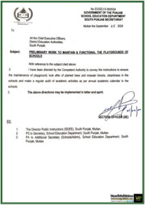 Ensuring Clean and Functional School Playgrounds: New Guidelines from Punjab School Education Department-Notification