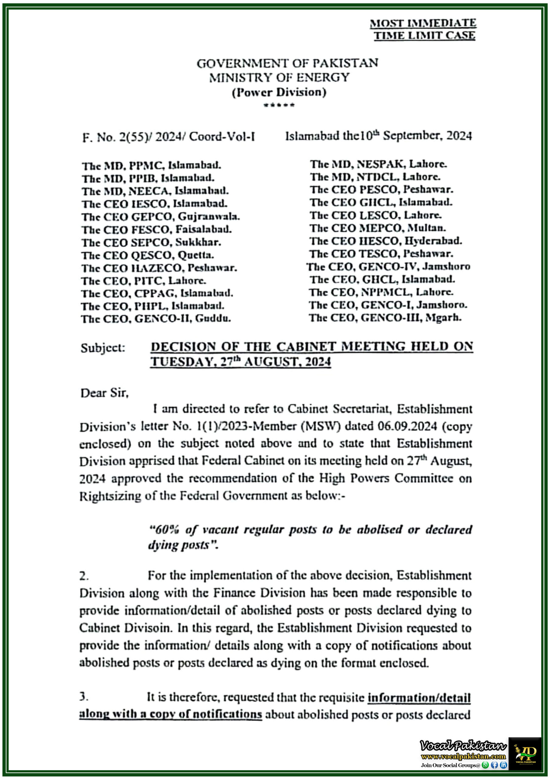 Federal Cabinet Approves 60% Reduction in Vacant Posts Urgent Compliance Required from Energy Sector MDs and CEOs-Notification