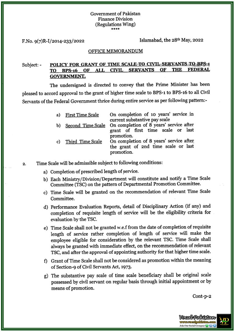 Federal Government Approves Time Scale Advancement for BPS-1 to BPS-16 Civil Servants-Notification