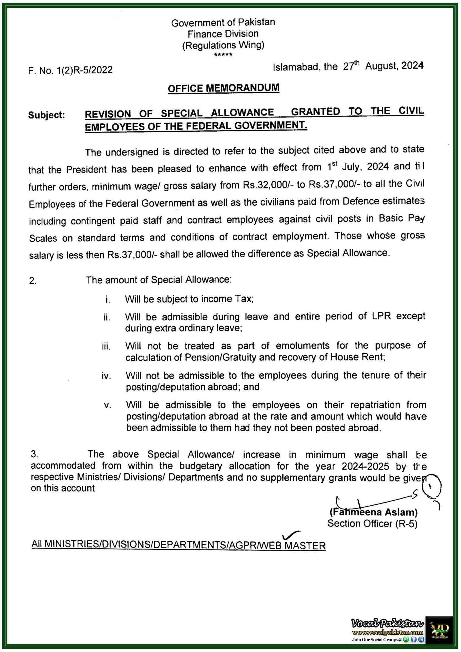 Federal Government Revises Special Allowance: Minimum Wage Raised to Rs. 37,000 for Civil Employees Across Pakistan-Notification