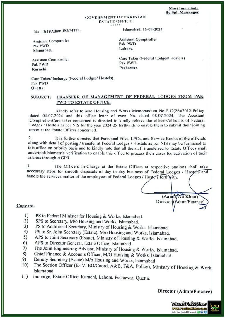 Federal Lodges Management Transferred from PAK PWD to Estate Office Key Steps for Staff Relocation-Notification