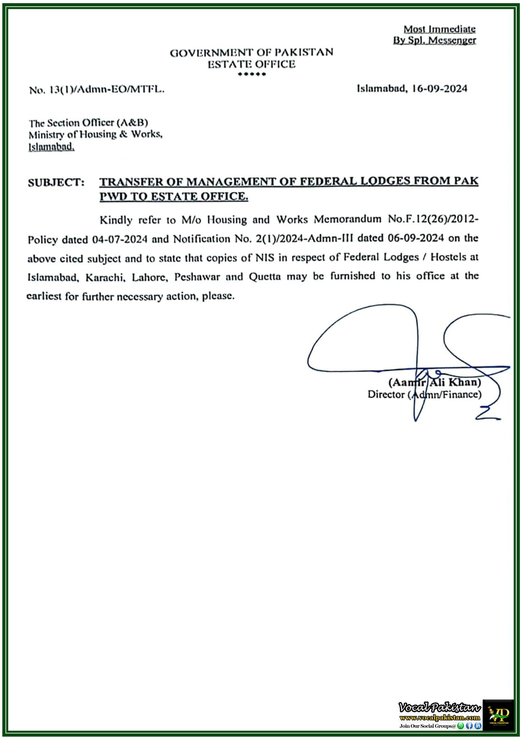 Government Jobs 5 Federal Lodges Management Transferred from Pak PWD to Estate Office: Key Details-Notification