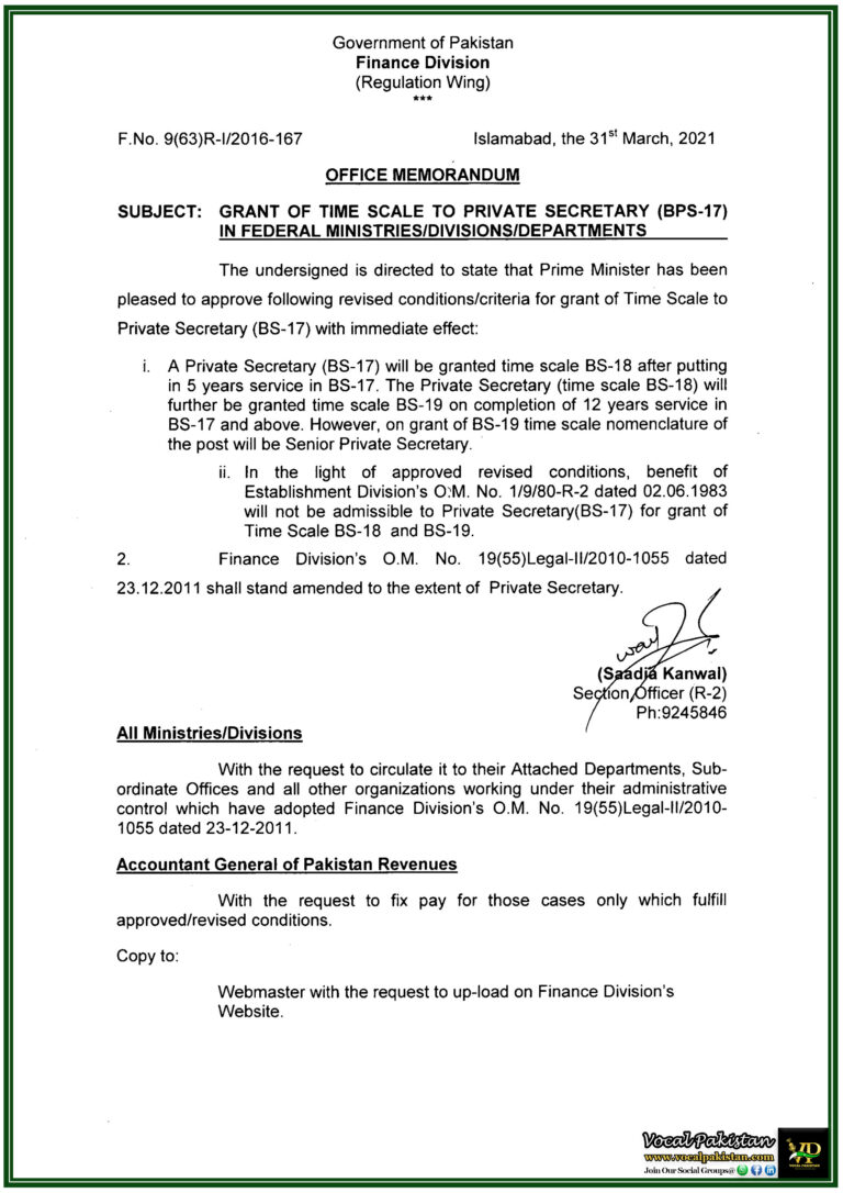 Federal Ministries Update New Time Scale Advancement Criteria Approved for Private Secretaries (BPS-17)-Notification