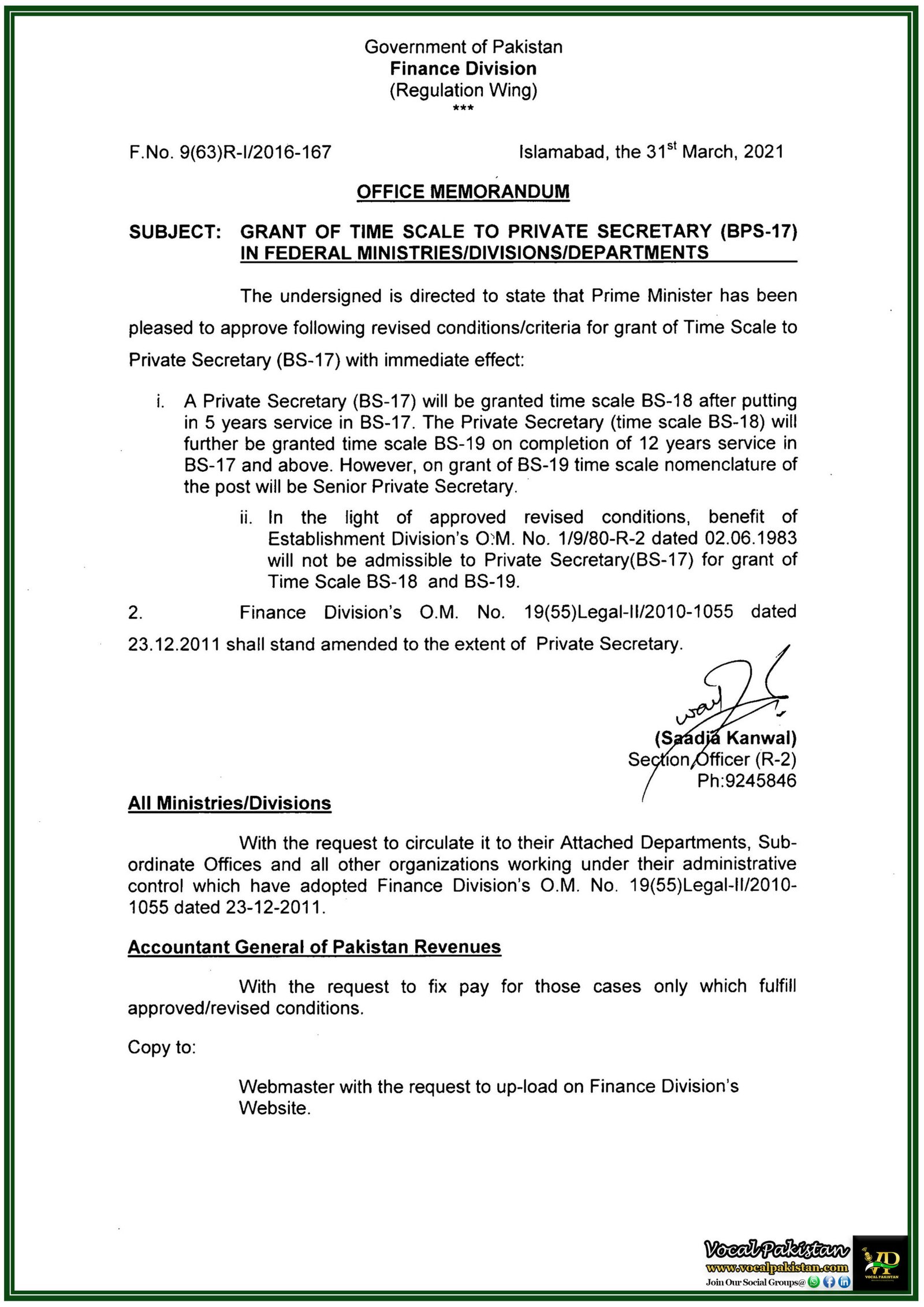 Federal Ministries Update: New Time Scale Advancement Criteria Approved for Private Secretaries (BPS-17)-Notification