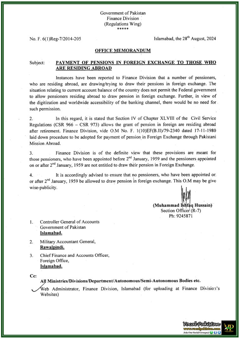 Finance Division Clarifies Only Pre-1959 Pensioners Eligible for Foreign Exchange Payments-Notification