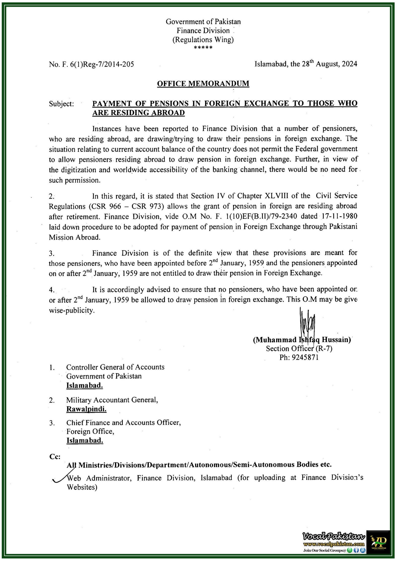 Finance Division Clarifies: Only Pre-1959 Pensioners Eligible for Foreign Exchange Payments-Notification