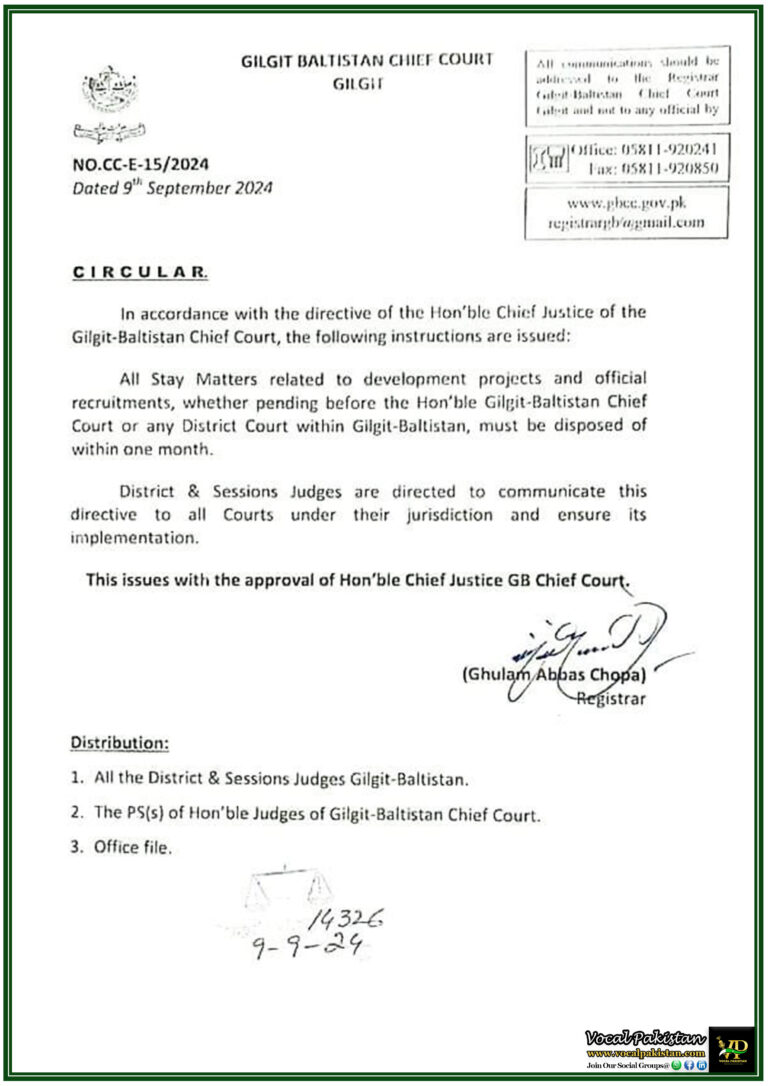 Gilgit-Baltistan Chief Court Orders Swift Resolution of Stay Matters on Development Projects and Recruitments-Notification