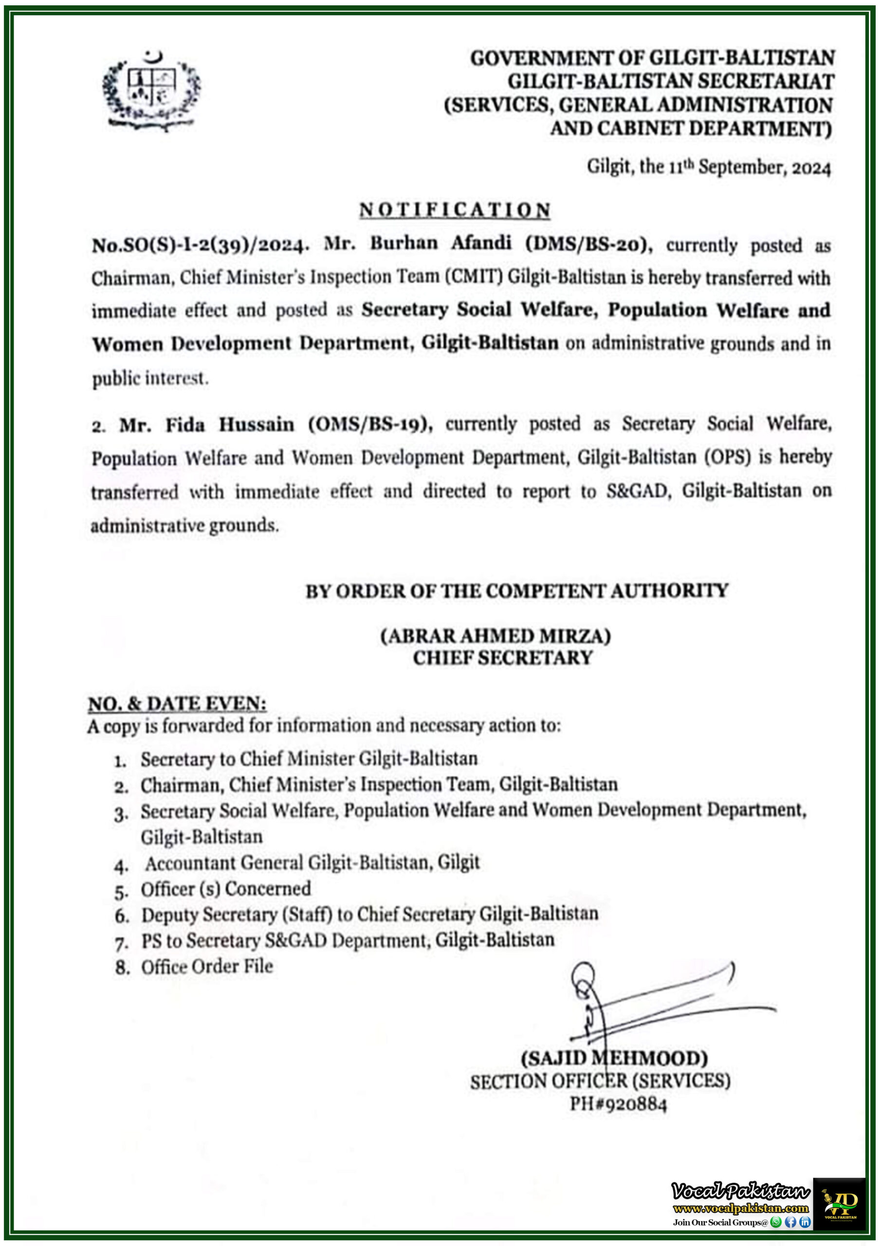 Gilgit Baltistan 3 Gilgit-Baltistan Government Transfers Key Officials: New Secretary for Social Welfare Department Announced-Notification