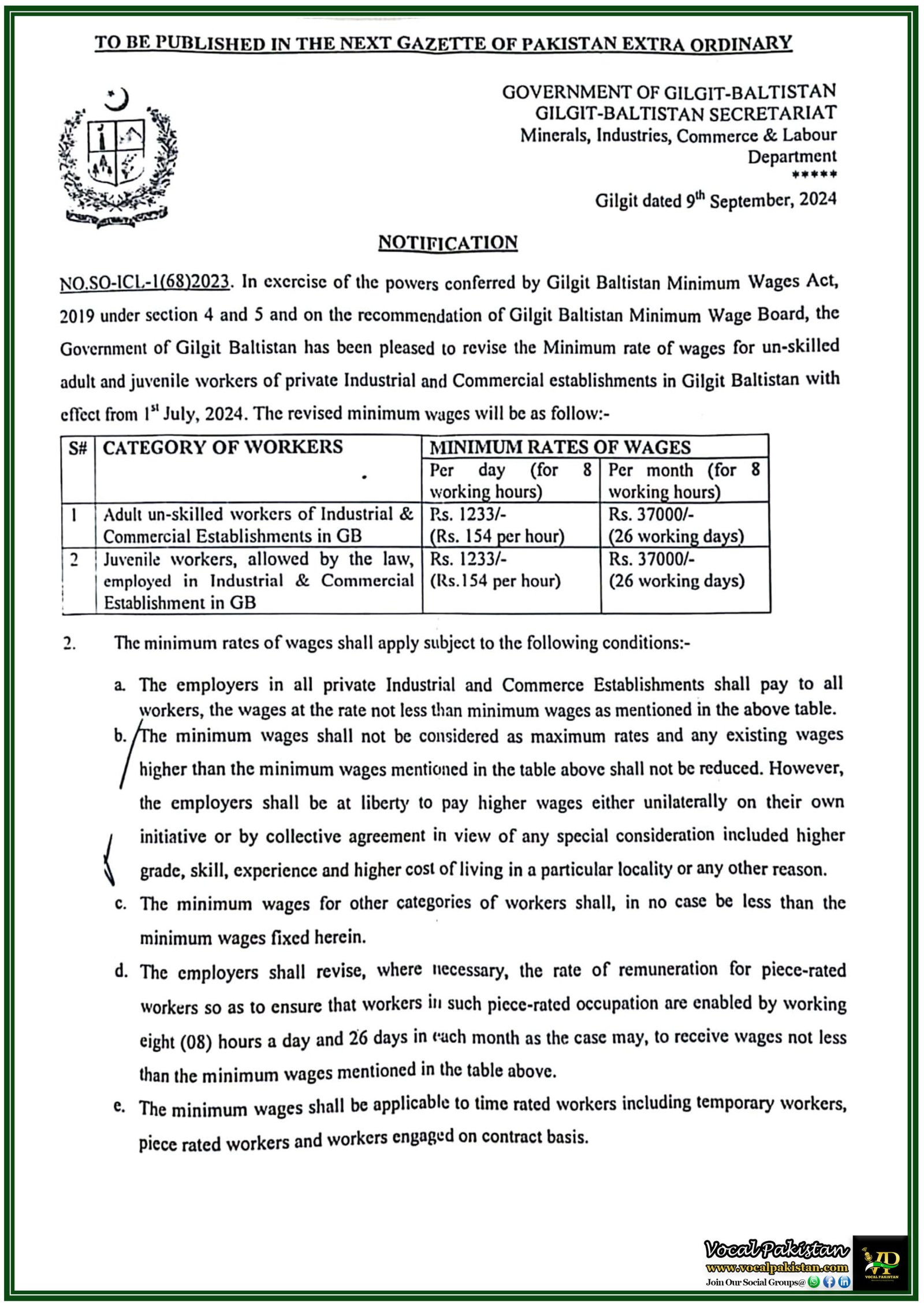 Government of Gilgit-Baltistan Revises Minimum Wage Rates for Unskilled Workers in Industrial & Commercial Sectors-Notification