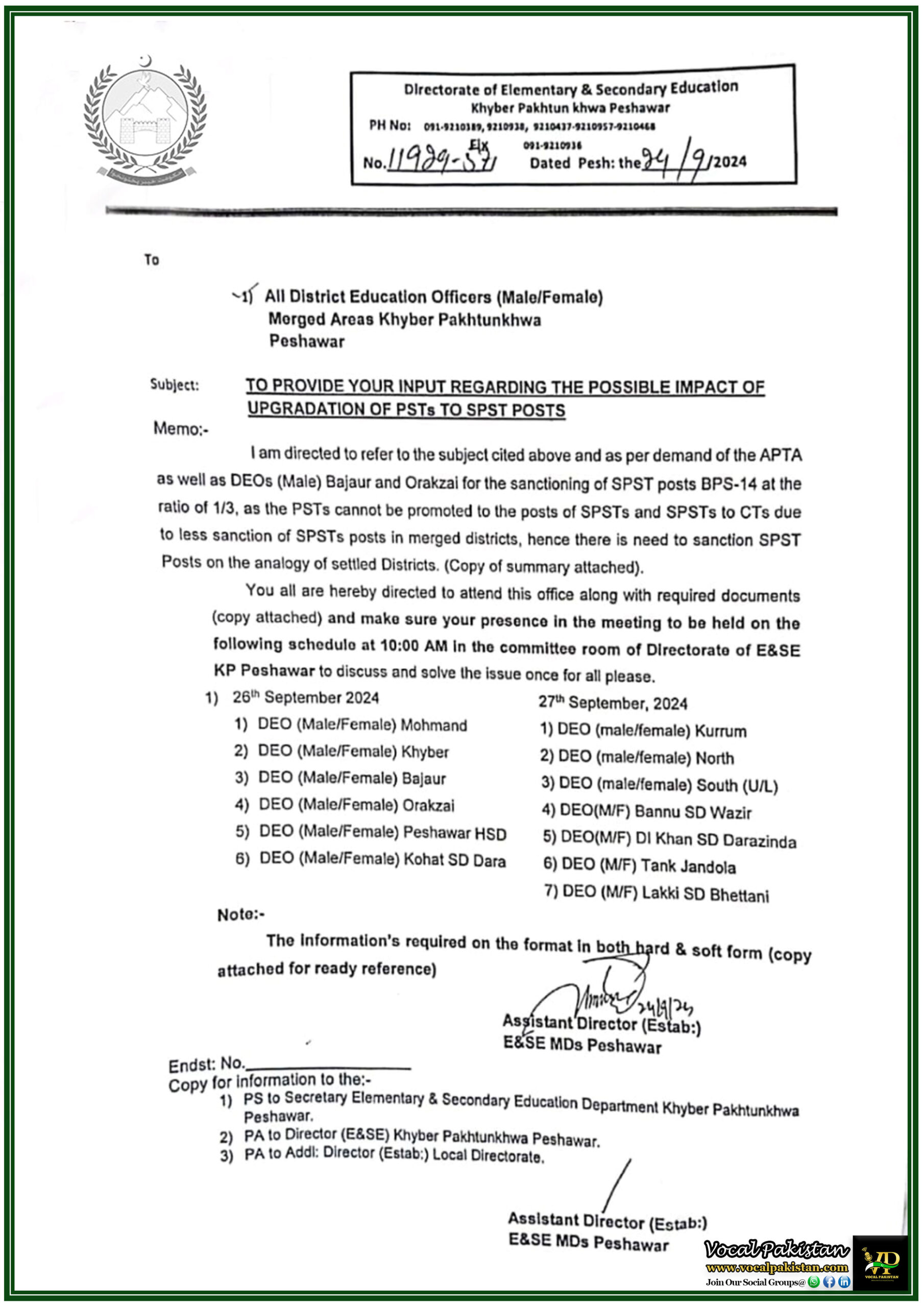 Government Jobs 2 Government of Khyber Pakhtunkhwa E&SE Directorate to Review SPST Posts for Merged Areas: DEOs Summoned for Crucial Discussion-Notifiation