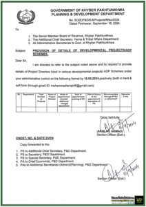 Government of Khyber Pakhtunkhwa, Planning & Development Department Request for Details of Project Directors in Developmental Projects and ADP Schemes-Notification