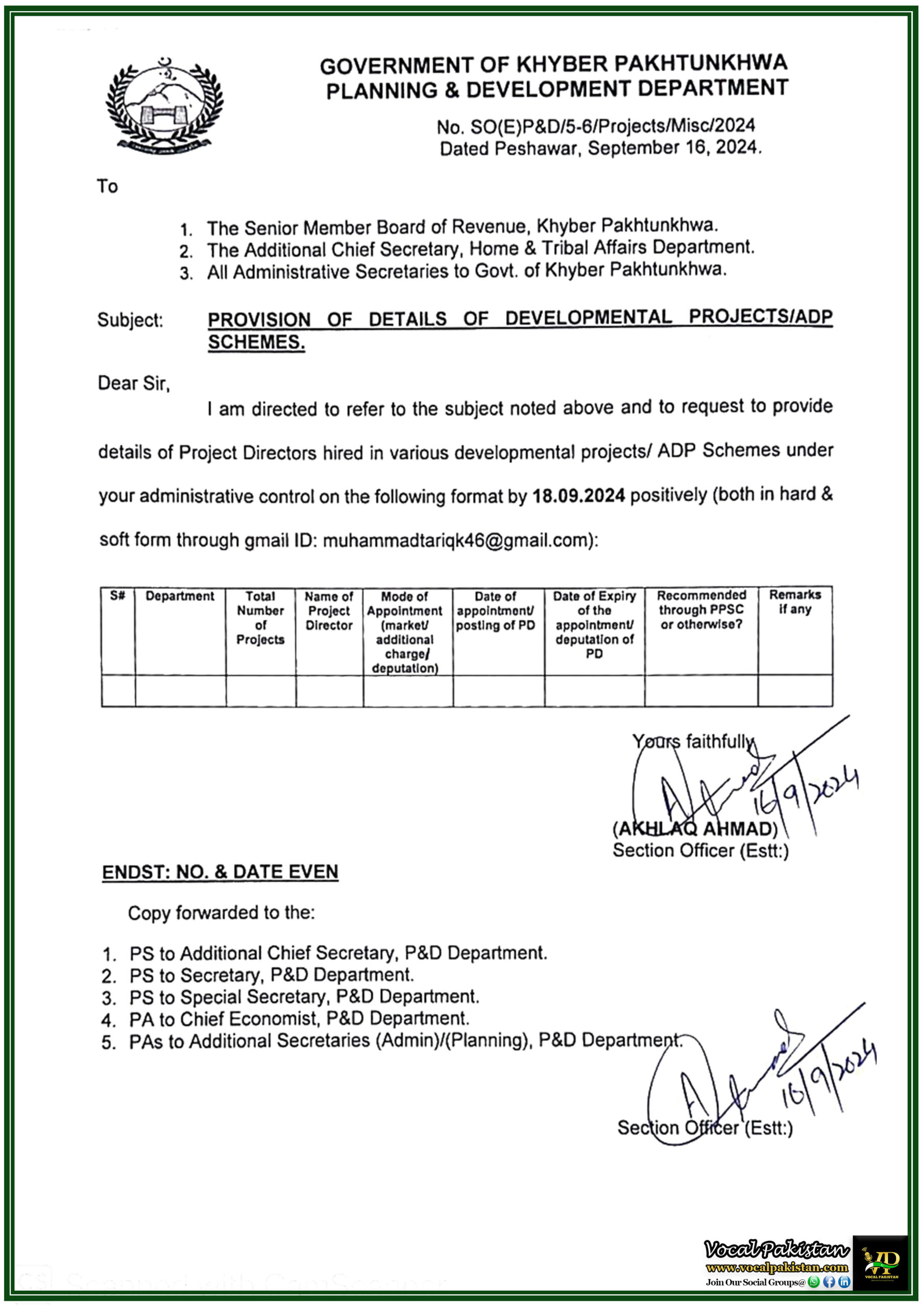 Government of Khyber Pakhtunkhwa, Planning & Development Department Request for Details of Project Directors in Developmental Projects and ADP Schemes-Notification