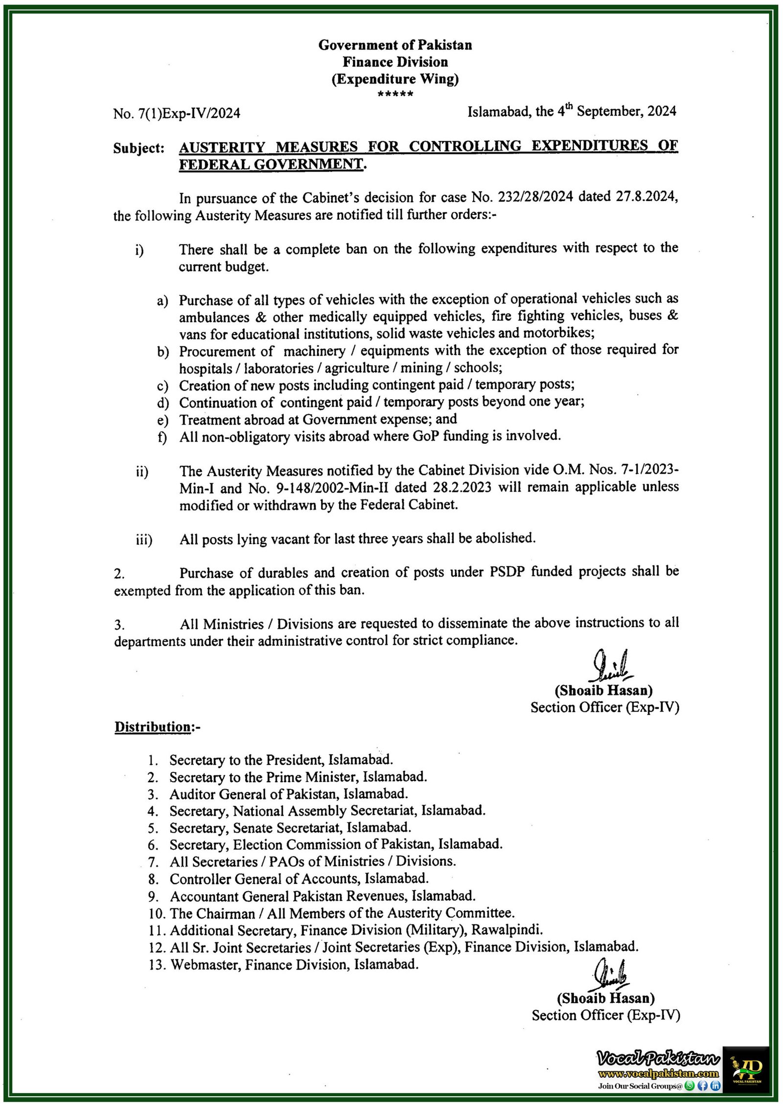 Government of Pakistan Announces Ban on Vehicle Purchases, Machinery, and Foreign Visits Amid Austerity Drive-Notification