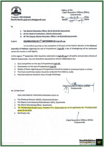 Gujranwala Schools to Observe 7th September as Yum-e-Khatam-e-Nabwat Commemorating 50 Years of Historic Assembly Decision-Notification