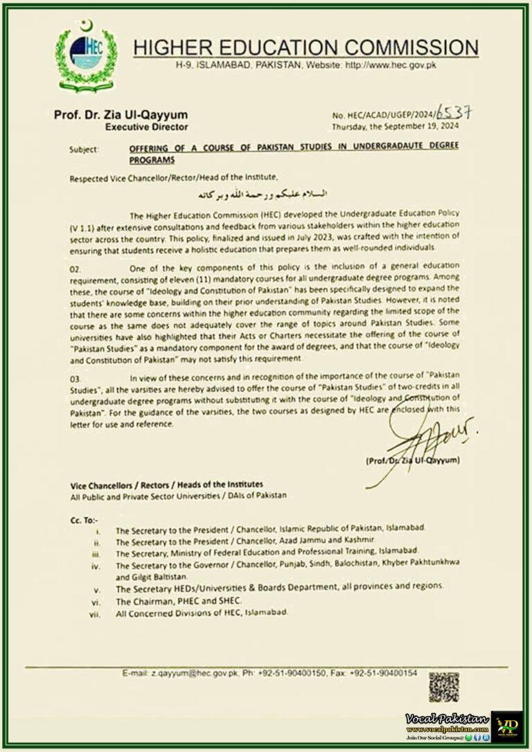 HEC Advises Universities to Reinstate Pakistan Studies as Mandatory Course in Undergraduate Programs-Notification