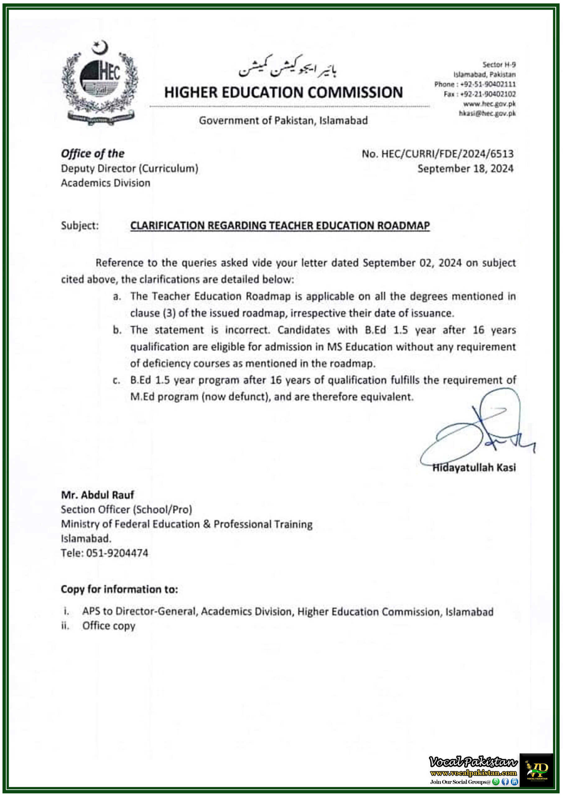 HEC Clarifies Teacher Education Roadmap: B.Ed 1.5 Year Program Eligibility Explained-Notification