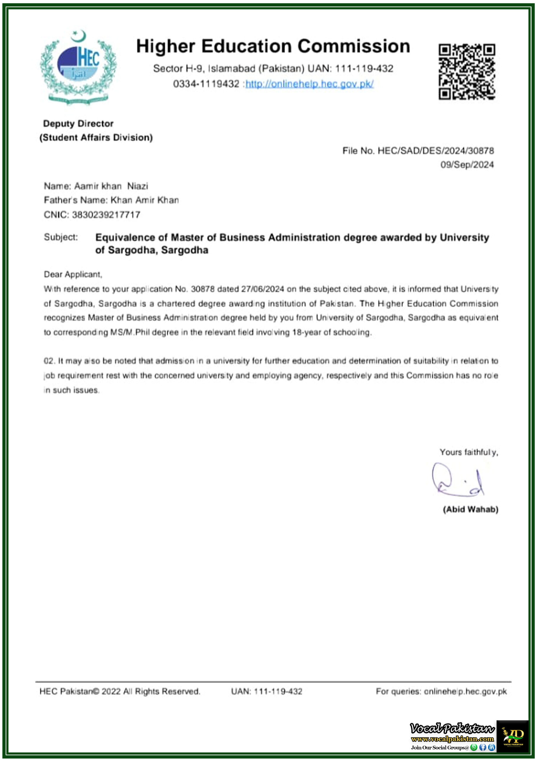 Federal 4 HEC Recognizes MBA from University of Sargodha as Equivalent to 18-Year M.S.M.Phil Degree-Notification
