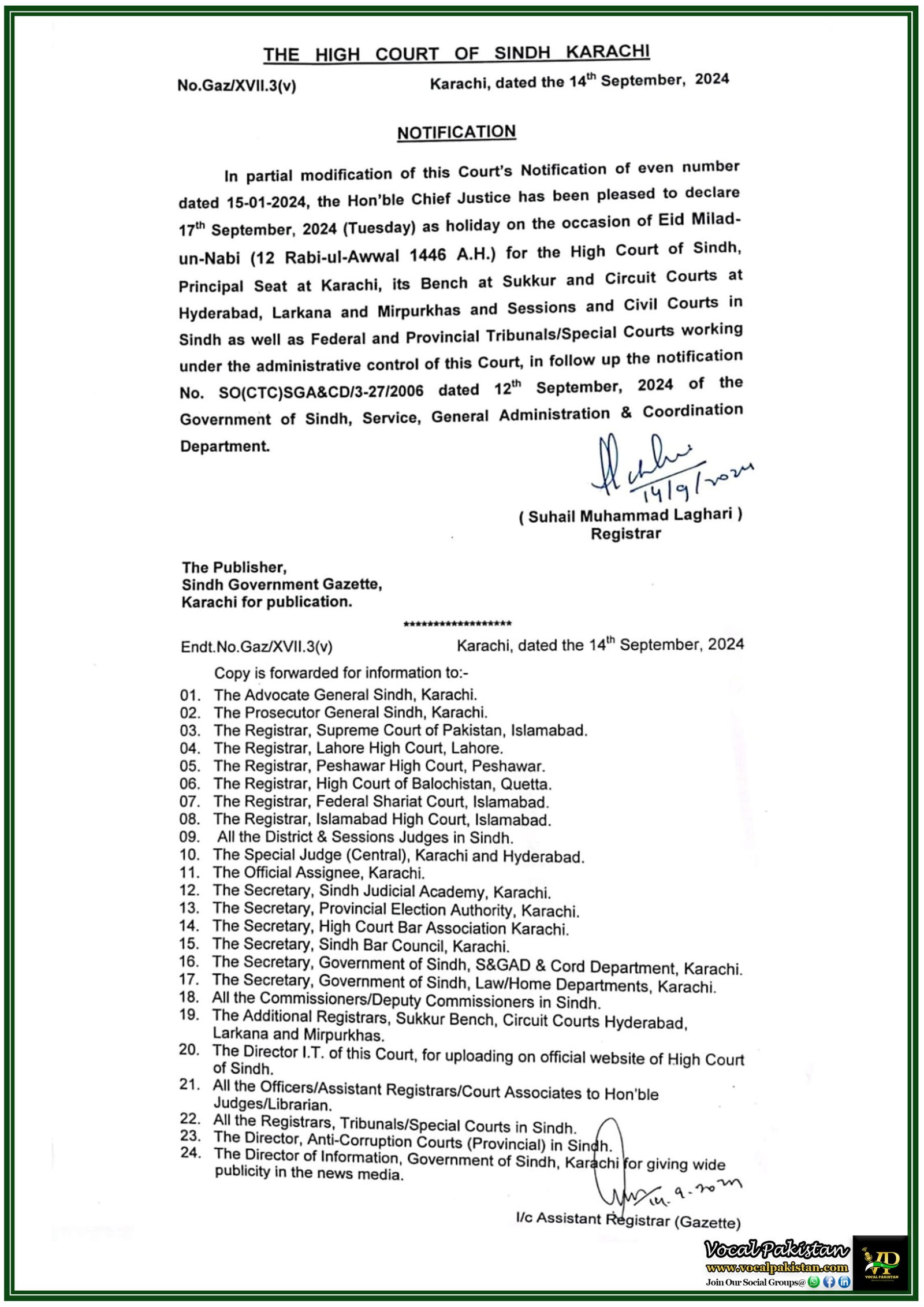 High Court of Sindh Declares Holiday on 17th September for Eid Milad-un-Nabi (SAW) Observance-Notification