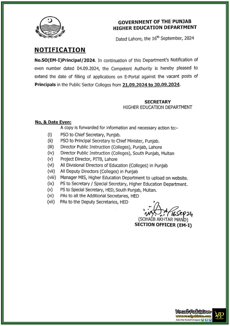 Higher Education Department Punjab Extends E-Portal Application Date for Vacant Principal Posts-Notification