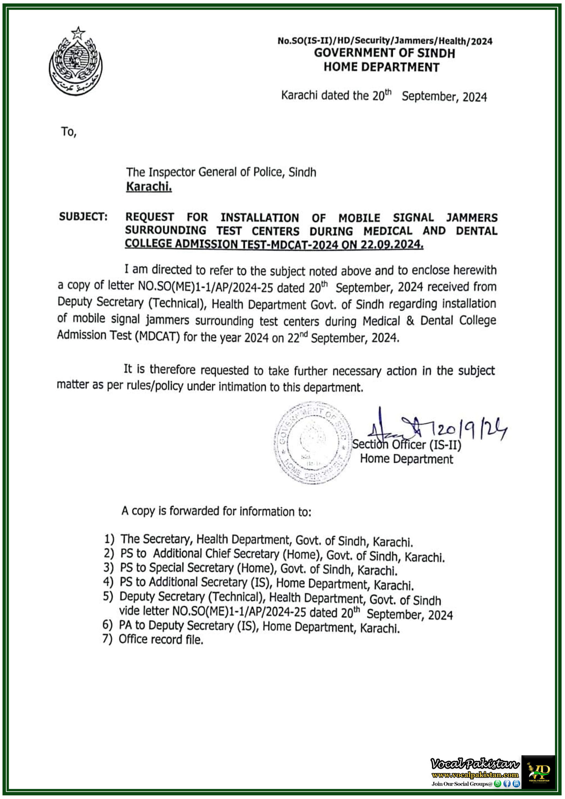 Home Department Sindh Directs Installation of Mobile Signal Jammers at MDCAT 2024 Test Centers-Notification