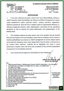 IESCO Warns Against Political Influence Disciplinary Action for Misconduct in Service Matters-Notification
