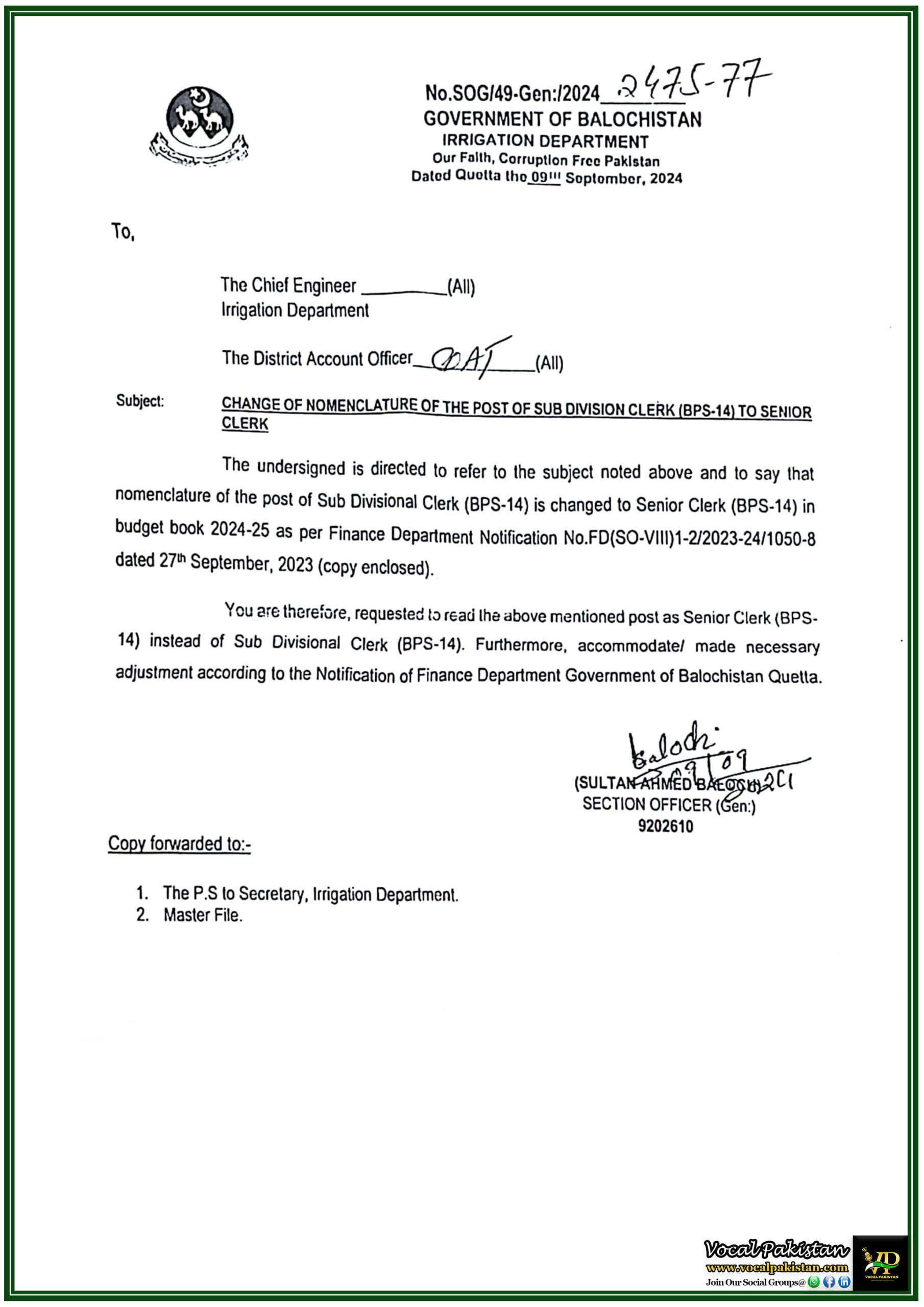 Balochistan 10 Irrigation Department Government of Balochistan Renames Sub Divisional Clerk Post to Senior Clerk (BPS-14)-Notification