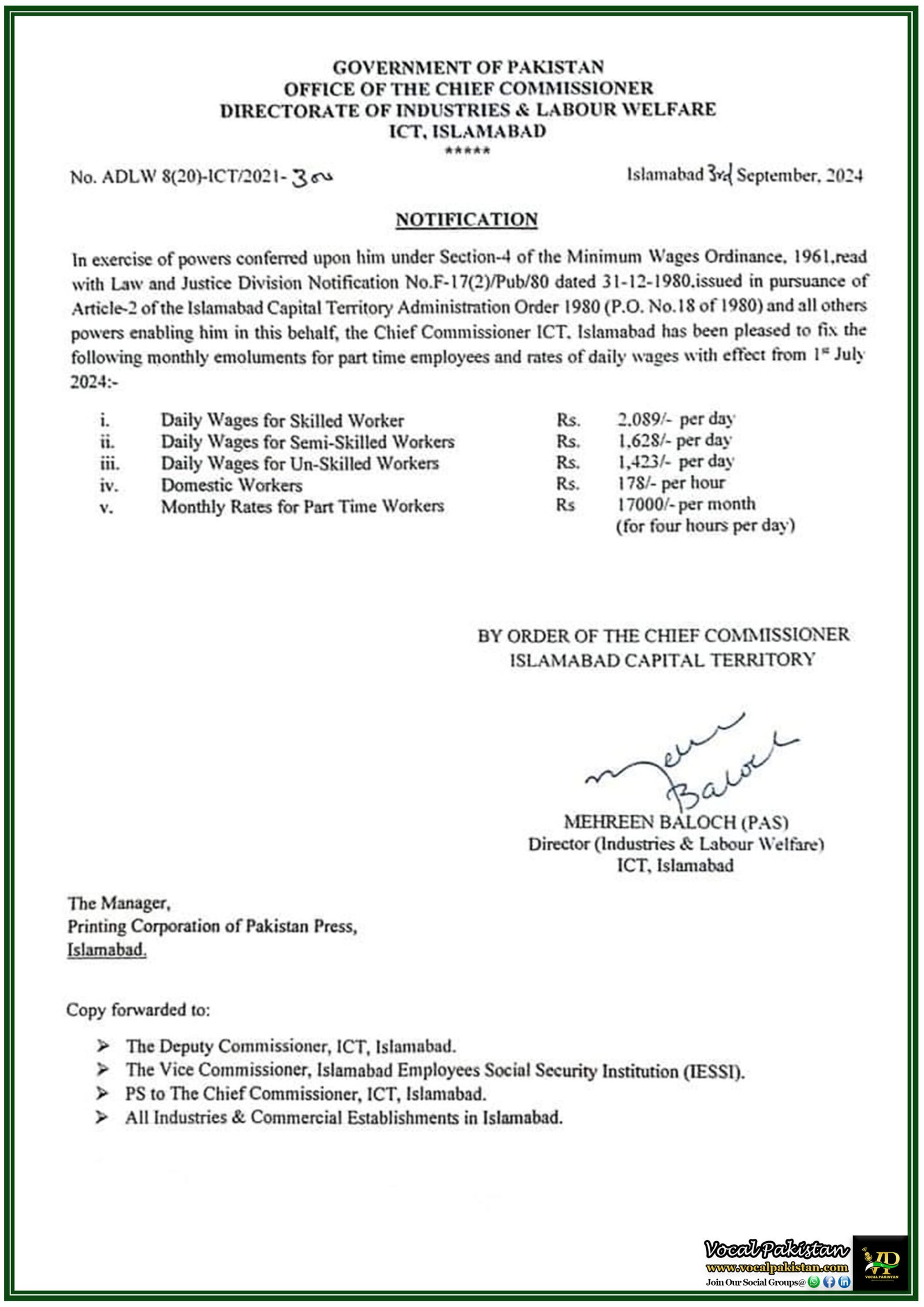 Islamabad Chief Commissioner Revises Minimum Wages for Part-Time and Daily Wage Workers Effective July 2024-Notification