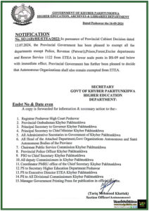 KPK Government Announces ETEA Exemption for Lower Scale Posts in Most Departments Police, Revenue (Patwari), Rescue 1122 and Others Excluded-Notification