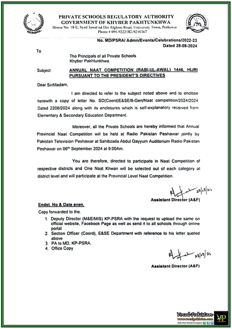 Khyber Pakhtunkhwa Announces Annual Naat Competition for Private Schools, Finals on 6th September 2024-Notification