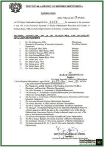 Khyber Pakhtunkhwa Assembly Constitutes Standing Committee on Elementary and Secondary Education-Notification