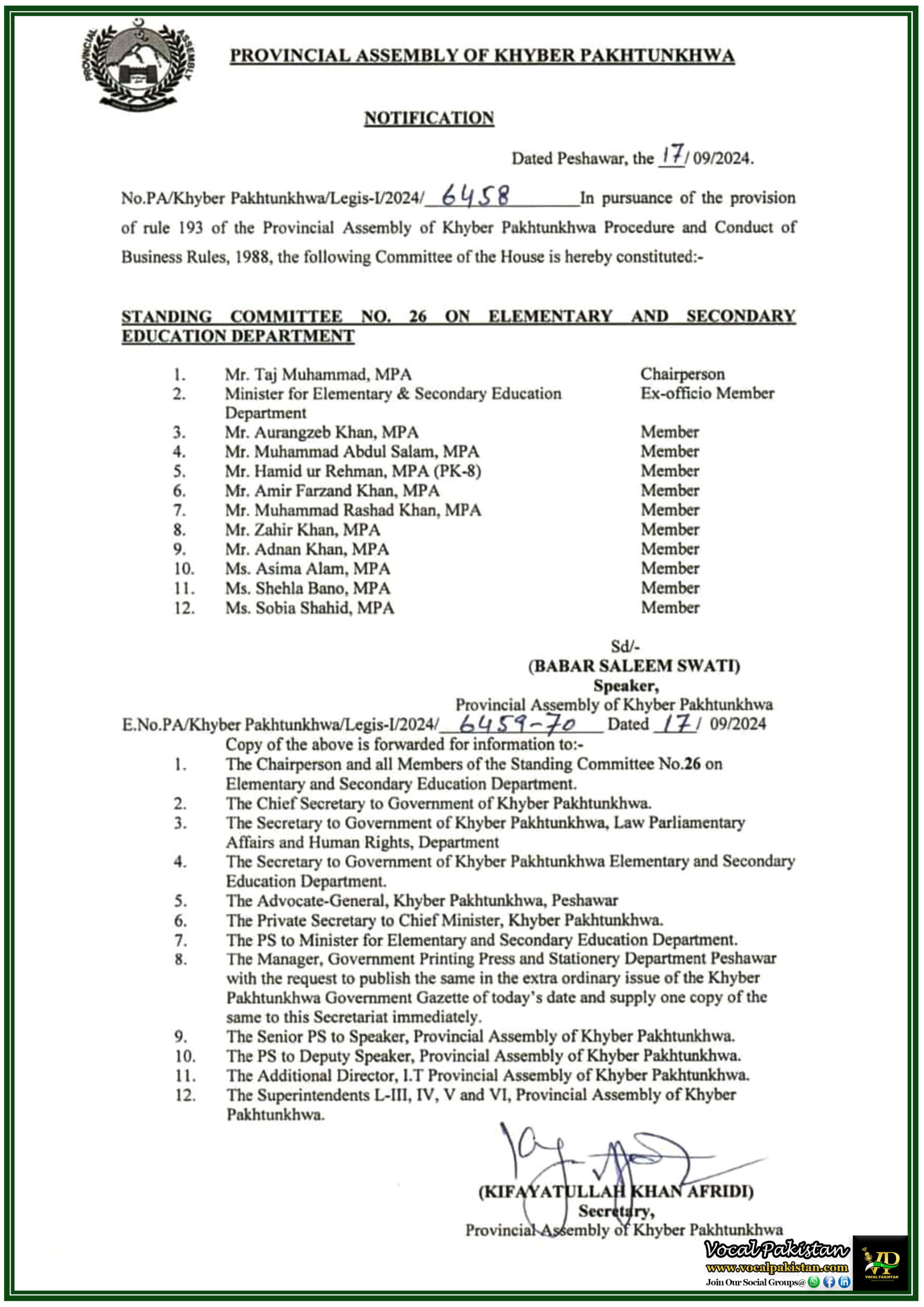 Government Jobs 6 Khyber Pakhtunkhwa Assembly Constitutes Standing Committee on Elementary and Secondary Education-Notification