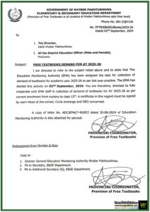 Khyber Pakhtunkhwa Begins Demand Collection for Free Textbooks AY 2025-26 Cooperation Required from All Schools-Notification