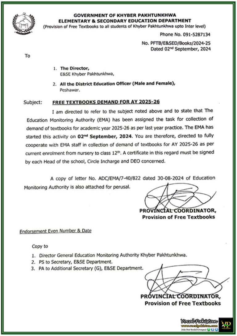 Khyber Pakhtunkhwa Begins Demand Collection for Free Textbooks AY 2025-26 Cooperation Required from All Schools-Notification