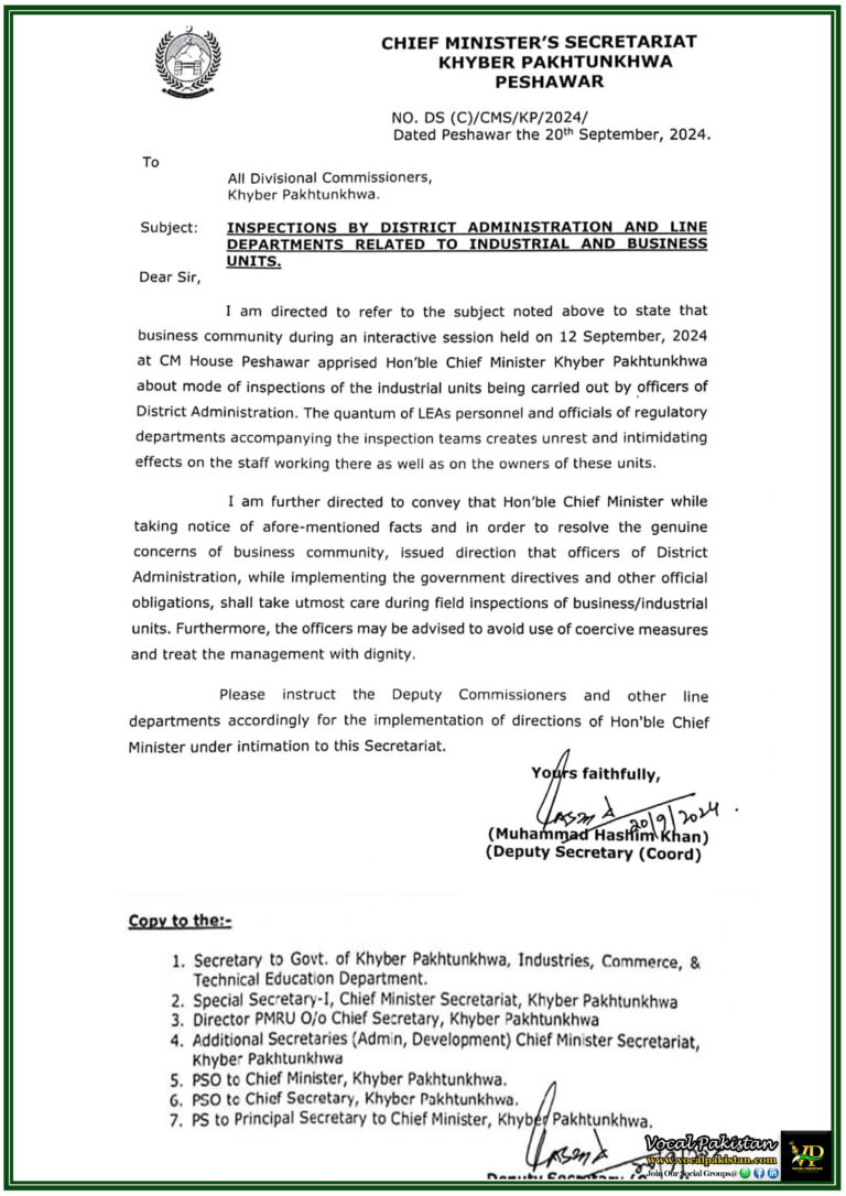 Khyber Pakhtunkhwa CM Directs Respectful Inspections of Industrial Units to Address Business Community Concerns-Notification