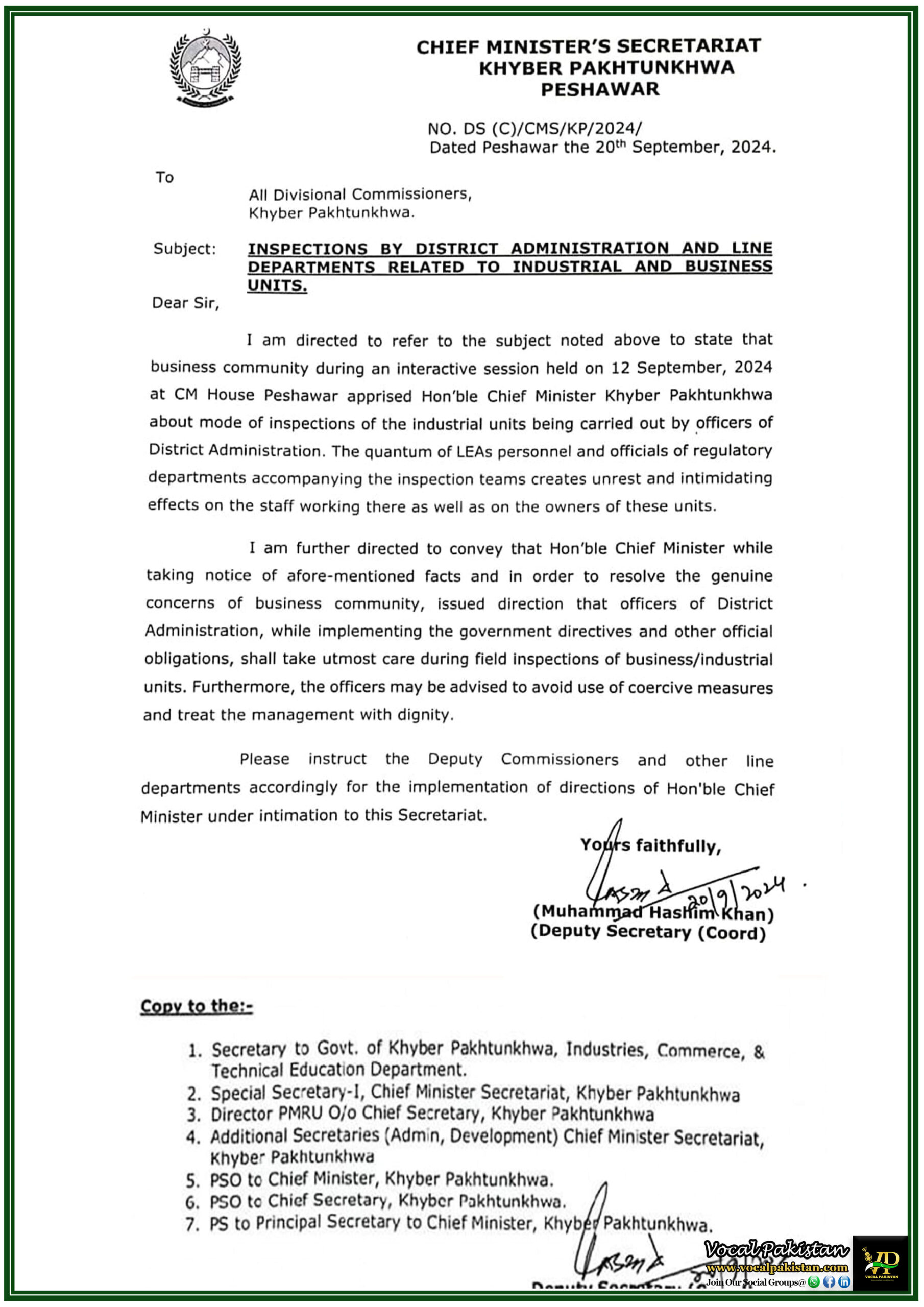 Khyber Pakhtunkhwa CM Directs Respectful Inspections of Industrial Units to Address Business Community Concerns-Notification