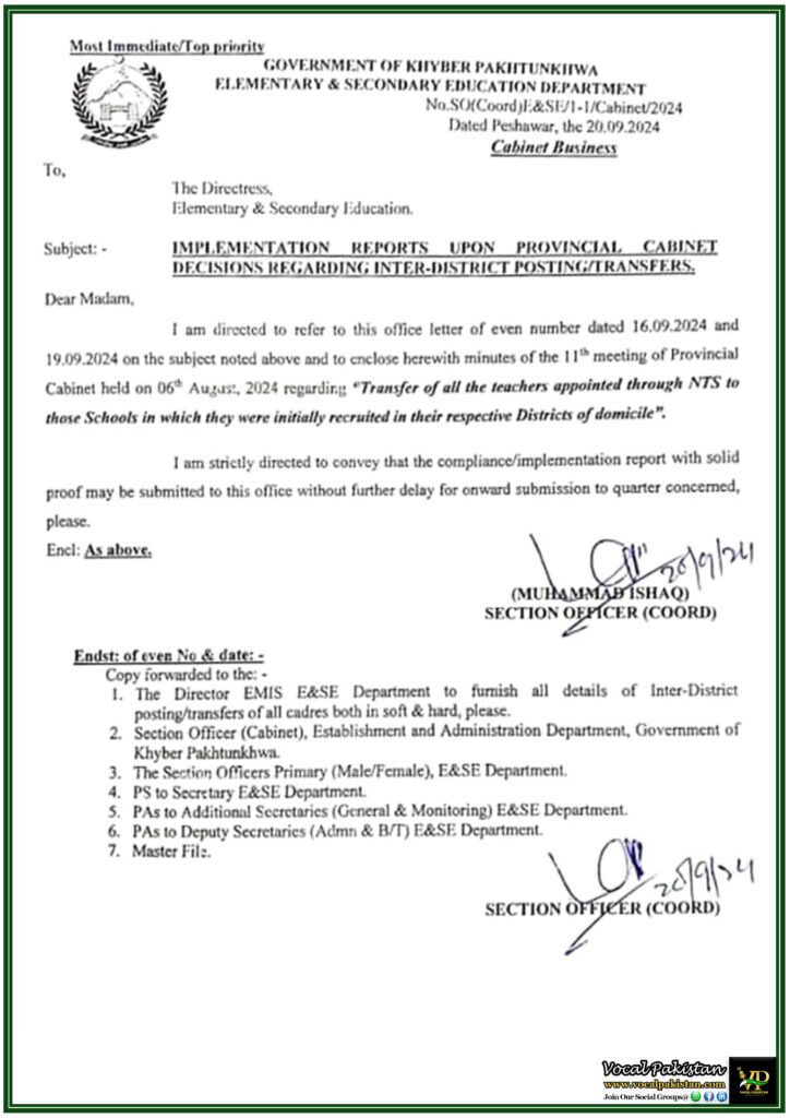 Khyber Pakhtunkhwa Cabinet Directs NTS-Recruited Teachers to Be Relocated to Schools in Districts of Domicile-Notification