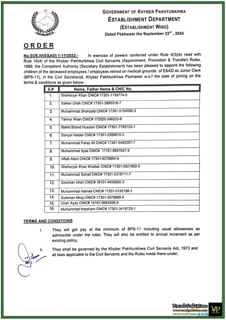 Khyber Pakhtunkhwa Establishment Department Appoints Children of Deceased and Medically Retired Employees as Junior Clerks (BPS-11)-Notification