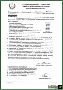 Khyber Pakhtunkhwa Forms Regional Development Committee for District-Level Project Oversight-Notification