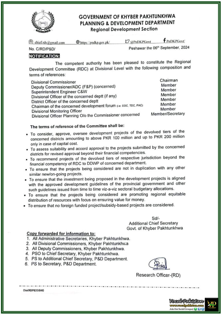 Khyber Pakhtunkhwa Forms Regional Development Committee for District-Level Project Oversight-Notification