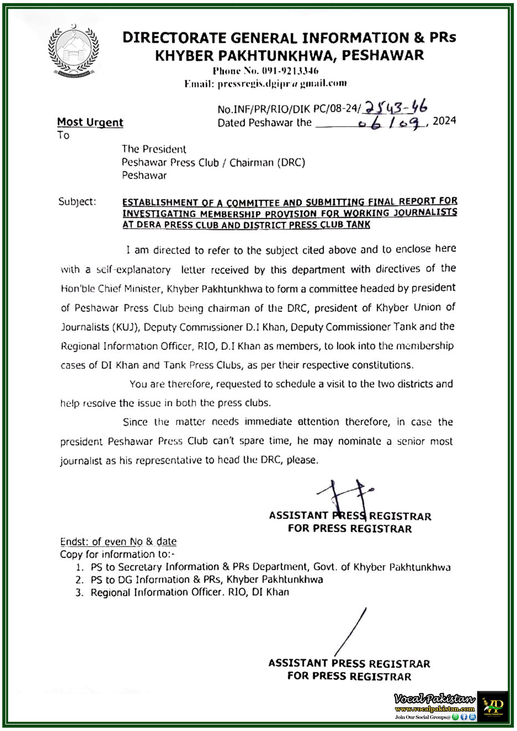 Khyber Pakhtunkhwa Government Forms Committee to Resolve Membership Issues at Dera and Tank Press Clubs-Notification