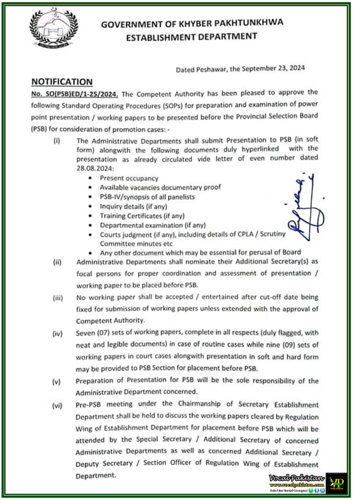 Khyber Pakhtunkhwa Government Issues Standard Operating Procedures for Submission of Working Papers to Provincial Selection Board (PSB)-Notification