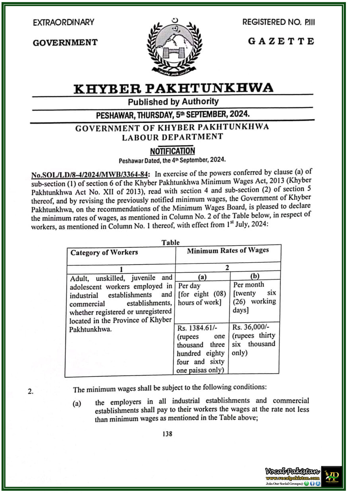 Khyber Pakhtunkhwa Government Revises Minimum Wages for Industrial and