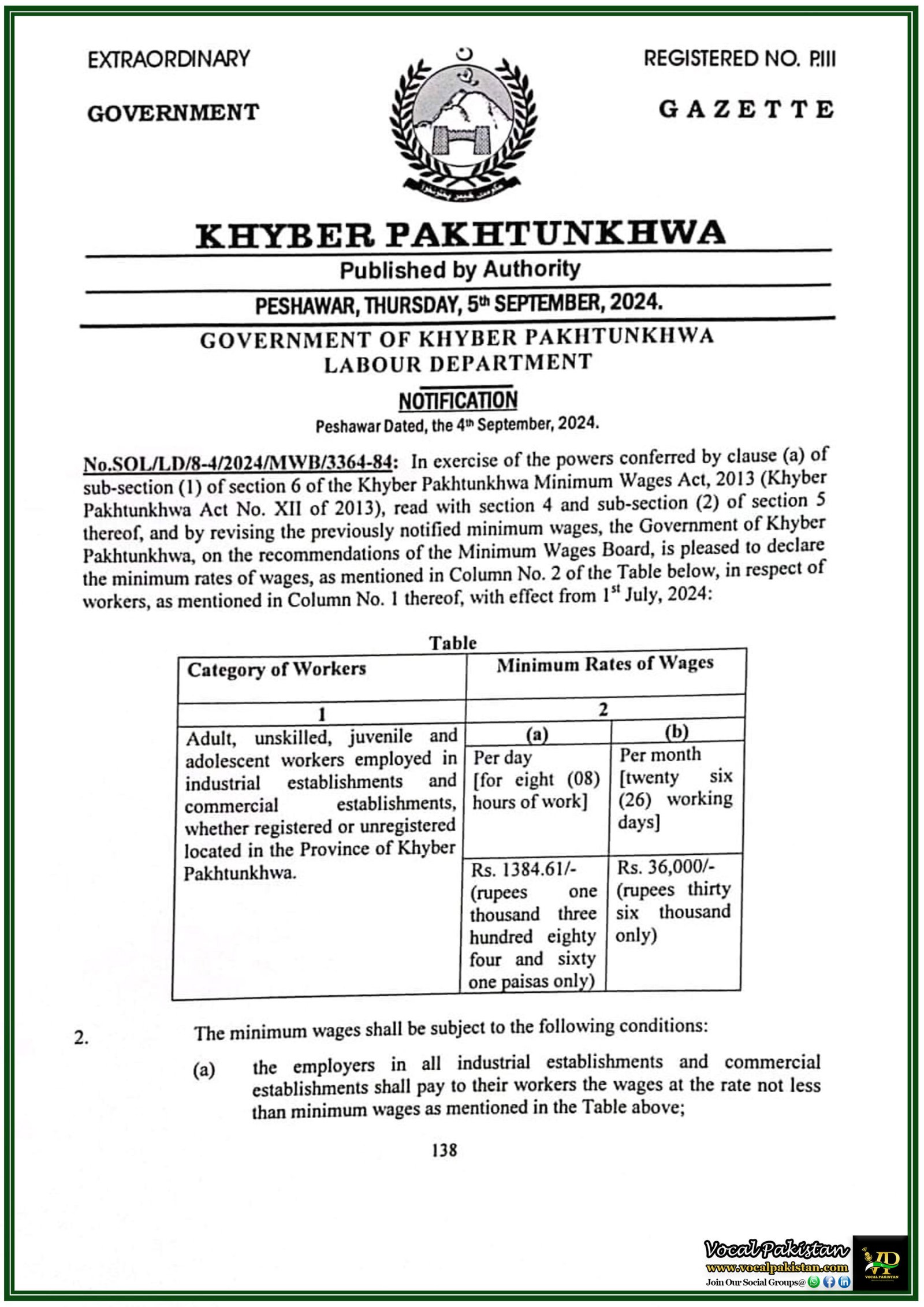 Khyber Pakhtunkhwa Government Revises Minimum Wages for Industrial and Commercial Workers Effective July 2024-Notification