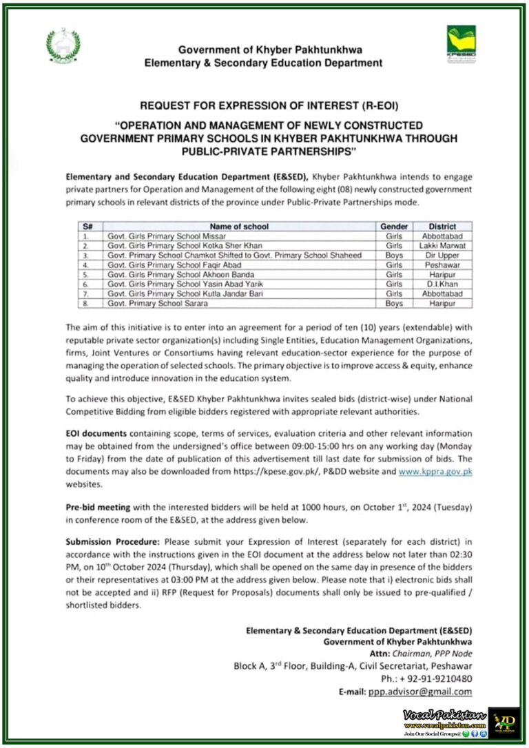 Khyber Pakhtunkhwa Invites Bids for Public-Private Partnership in Managing New Government Primary Schools -Notification