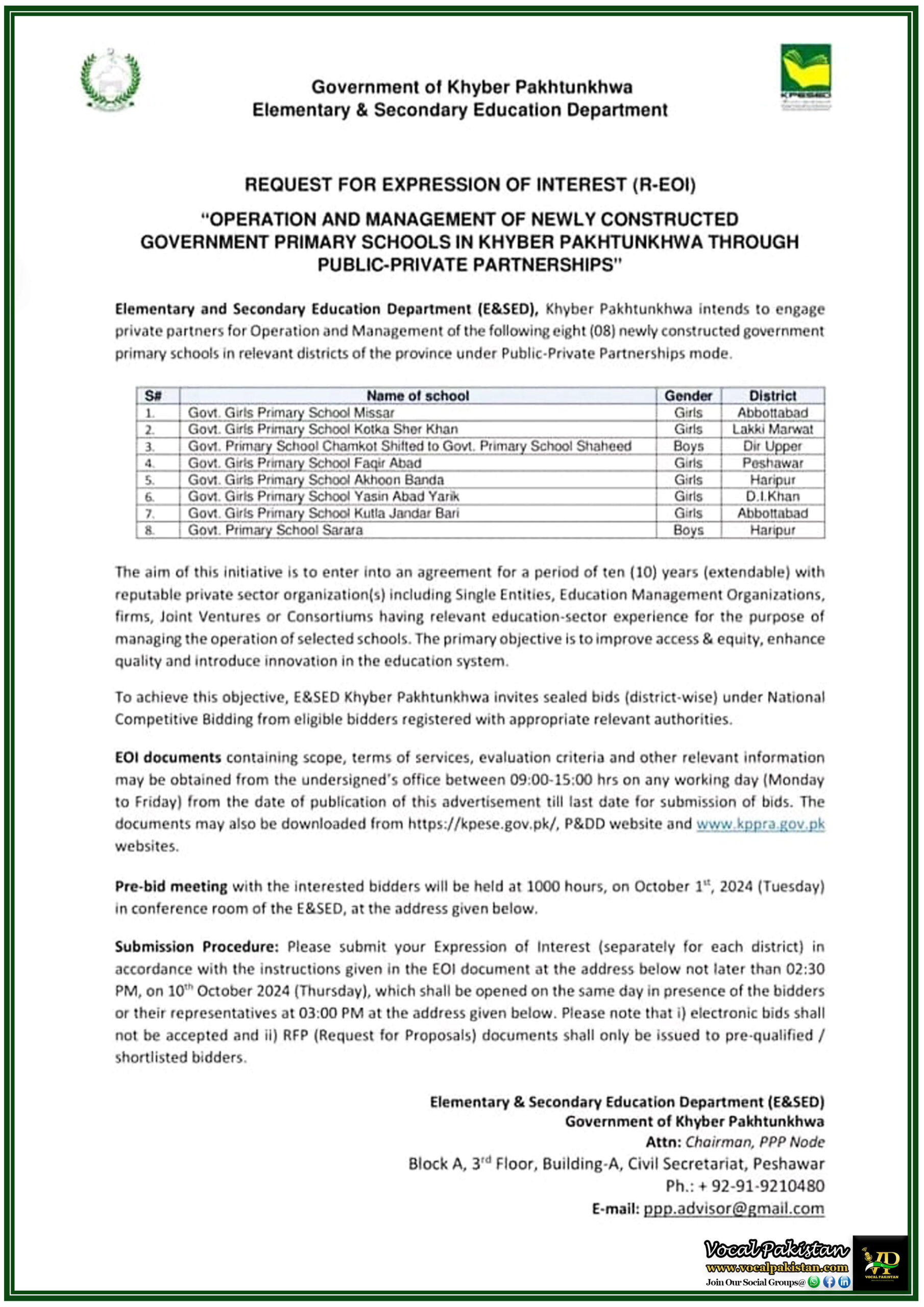 Khyber Pakhtunkhwa Invites Bids for Public-Private Partnership in Managing New Government Primary Schools -Notification