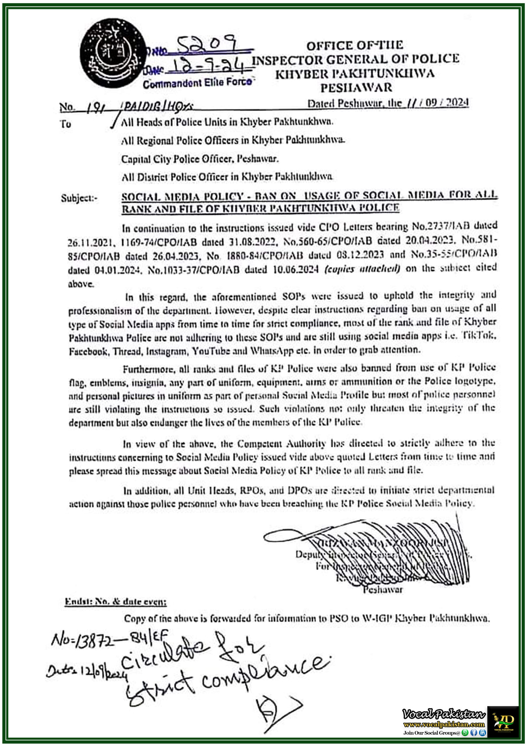Khyber Pakhtunkhwa Police Tightens Social Media Restrictions to Protect Integrity and Security-Notification