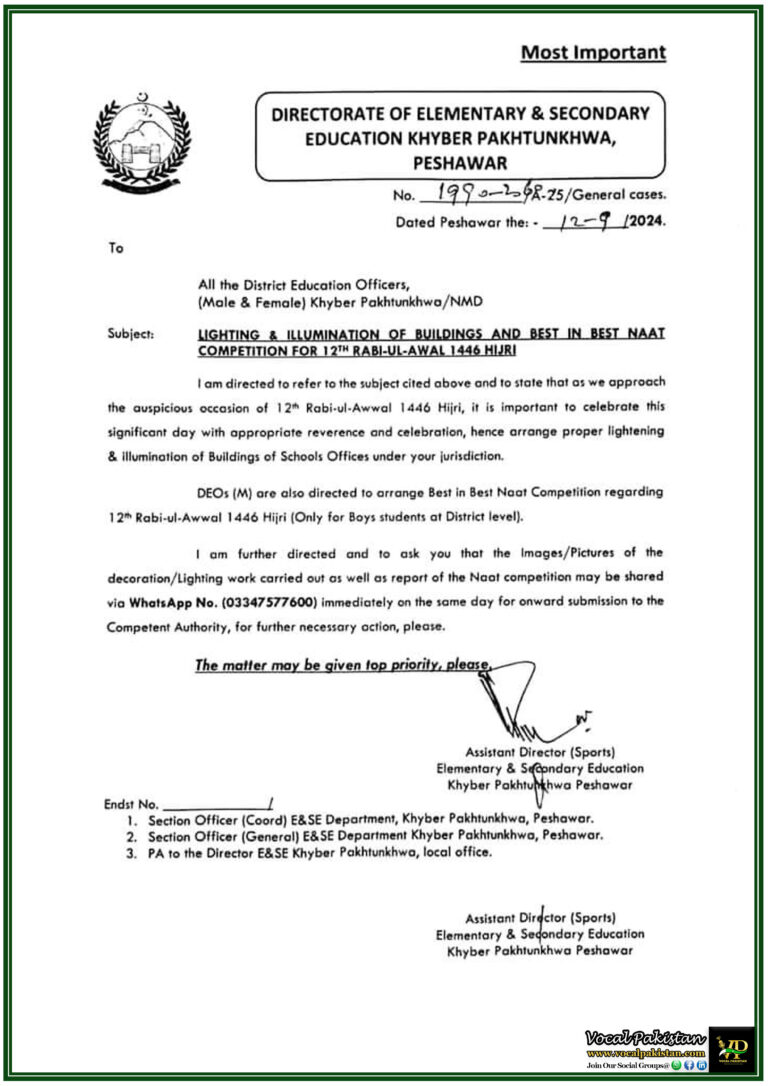 Khyber Pakhtunkhwa Schools to Celebrate 12th Rabi-ul-Awwal with Lighting & Naat Competitions-Notification