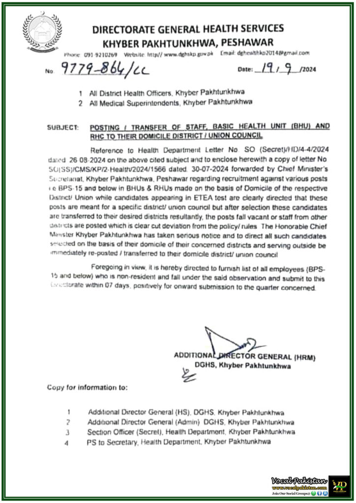 Khyber Pakhtunkhwa’s Health Department Orders Reposting of BHU and RHC Staff to Domicile Districts-Notification