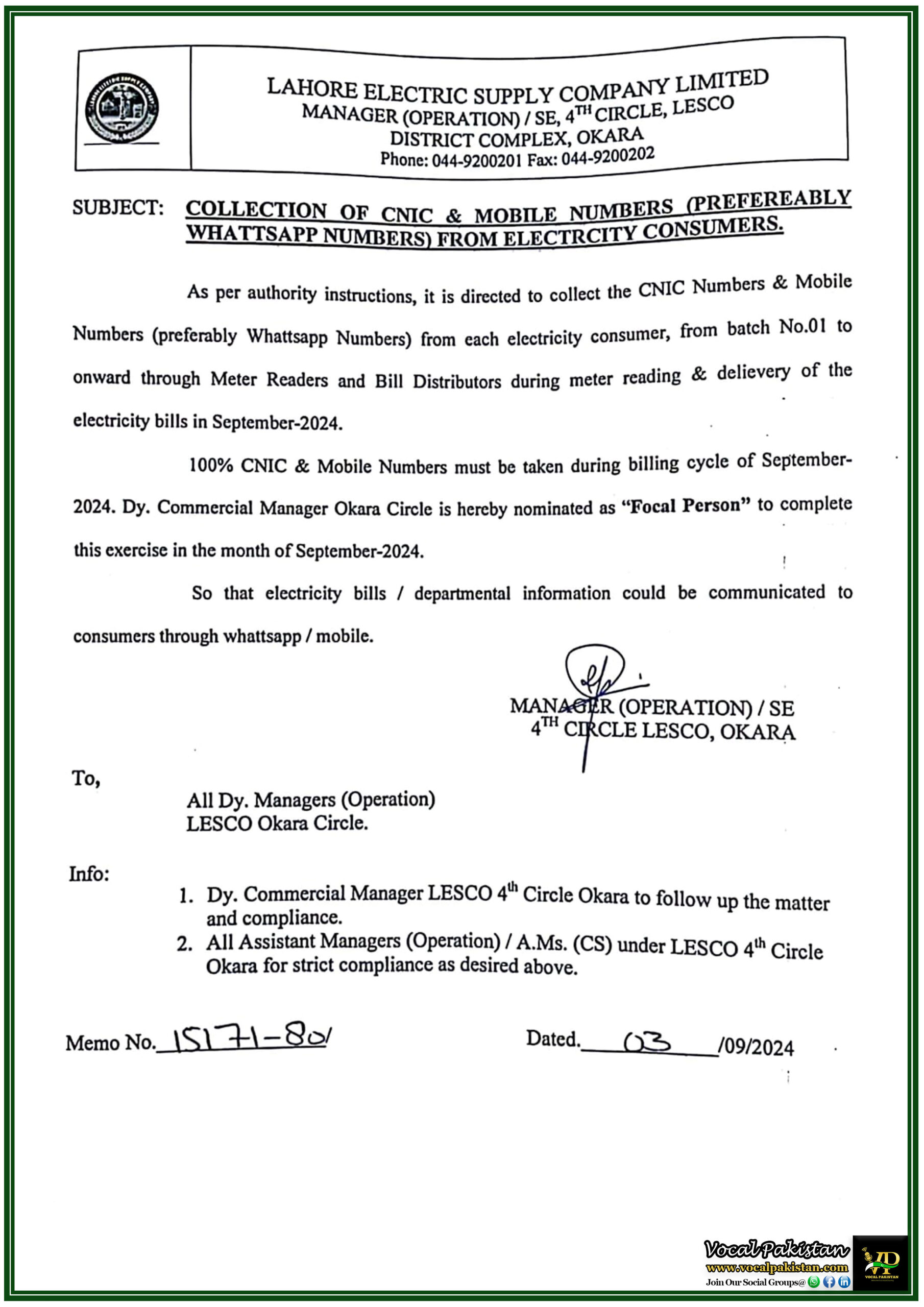 LESCO Okara Circle Initiates CNIC & WhatsApp Number Collection from Electricity Consumers for Enhanced Communication-Notification
